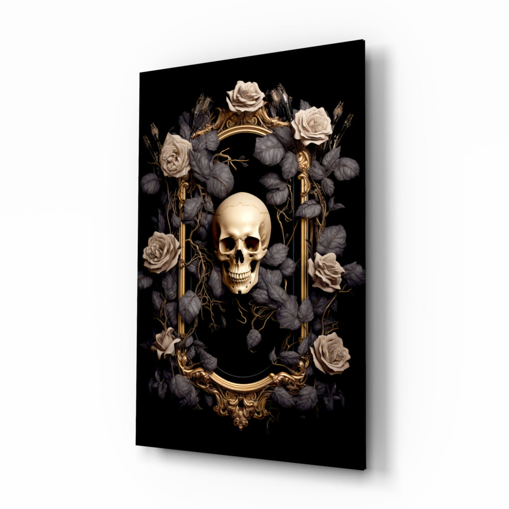 Skull Portrait glass wall art displayed above a leather chair in a study