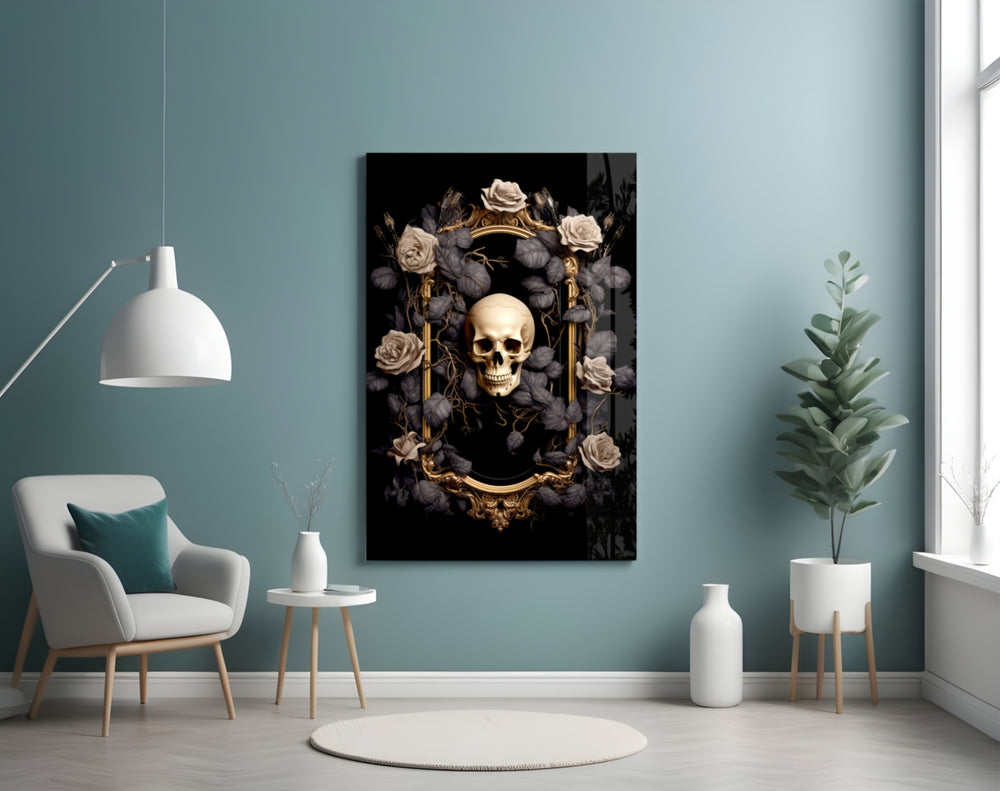 Skull Portrait glass wall art styled above a console in a bedroom