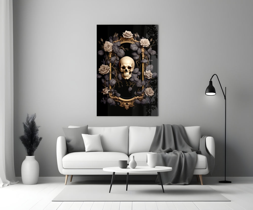 Skull Portrait close-up showing ivory skull and gilded baroque frame