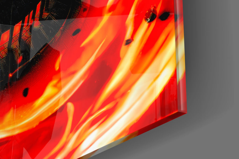 Anime-hero artwork anchoring a wall with scarlet-flame-and-onyx palette