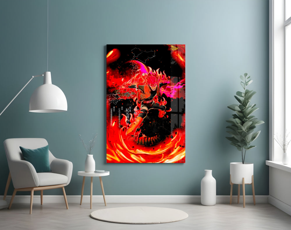 Manga glass wall art styled above a sideboard in a media room