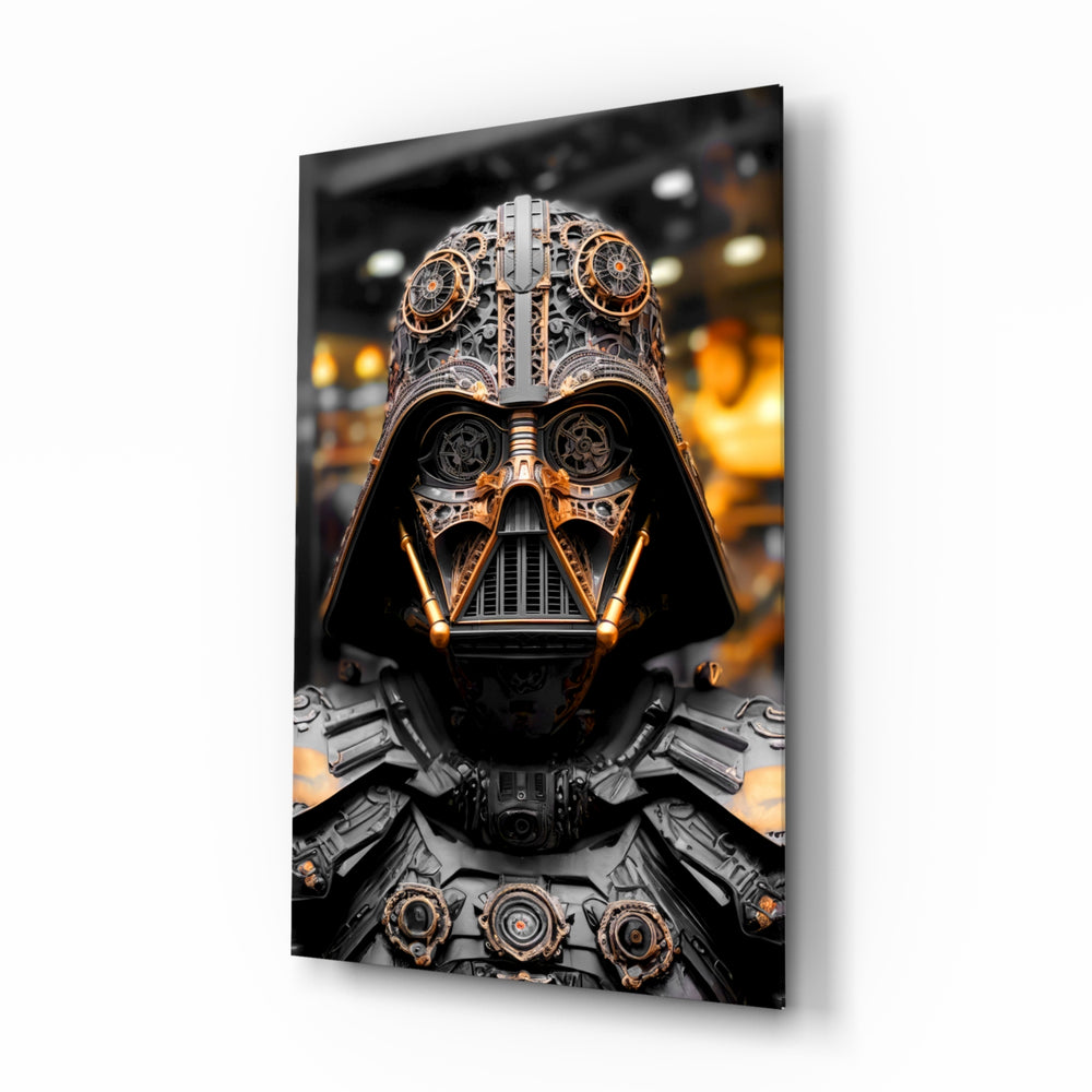 Darth Vader glass wall art displayed above a leather sofa in a man cave