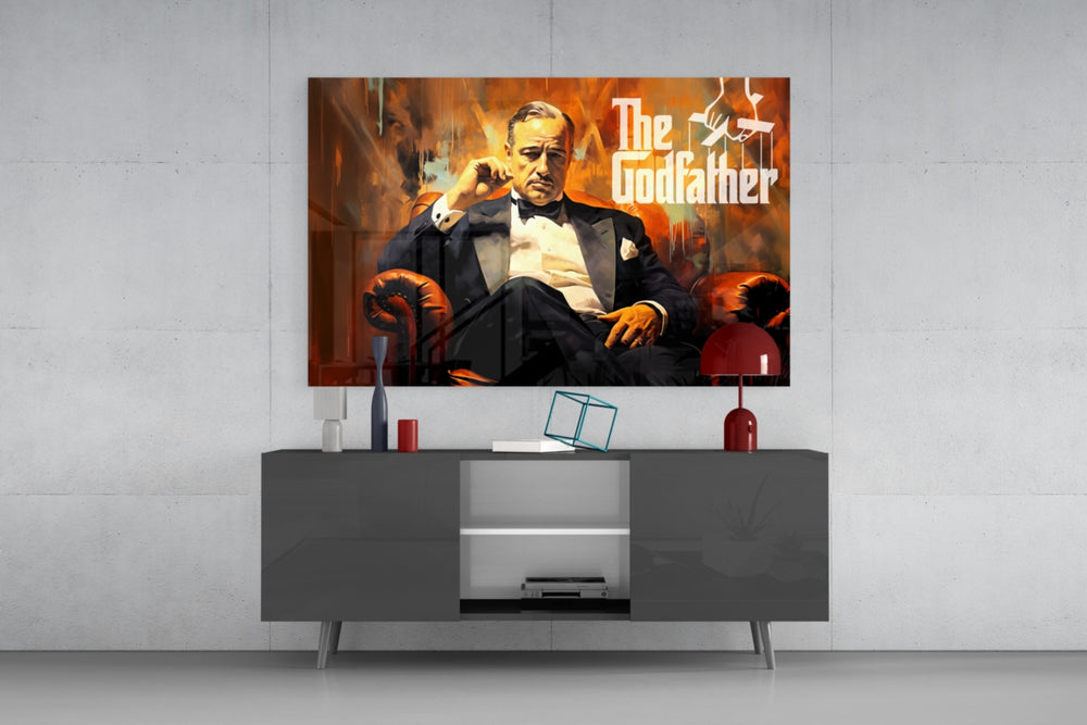 Godfather panel catching lamp light to reveal its cinematic glow