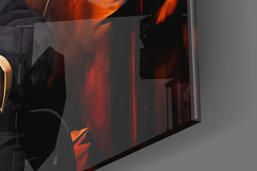 Movie-icon artwork anchoring a wall with amber-and-charcoal palette