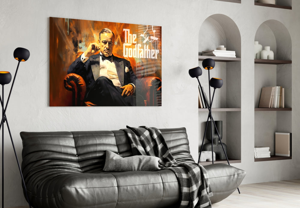Godfather glass wall art styled above a sideboard in a study