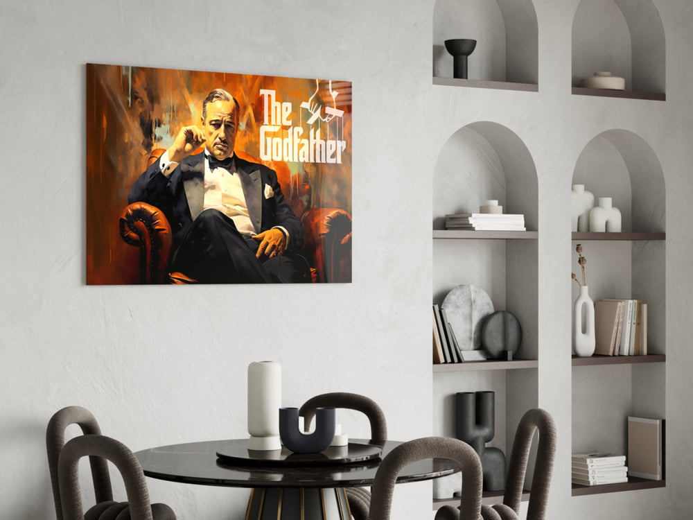 Godfather panel adding editorial drama to a hallway
