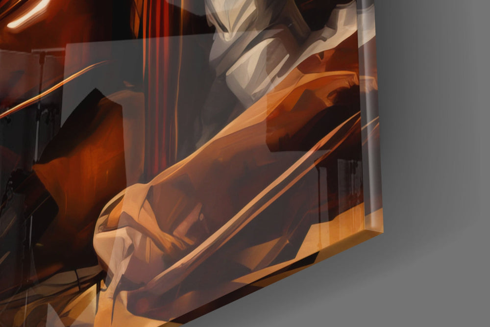Movie-icon artwork anchoring a wall with amber-and-emerald palette