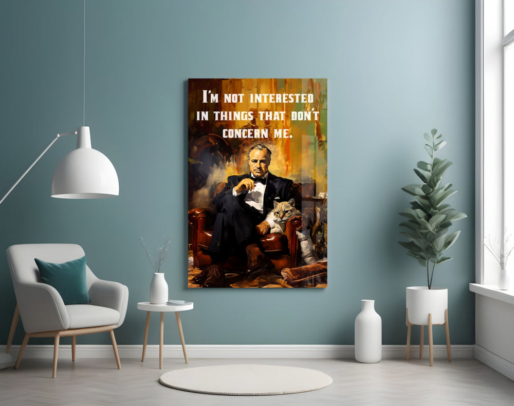 Godfather glass wall art styled above a sideboard in a study