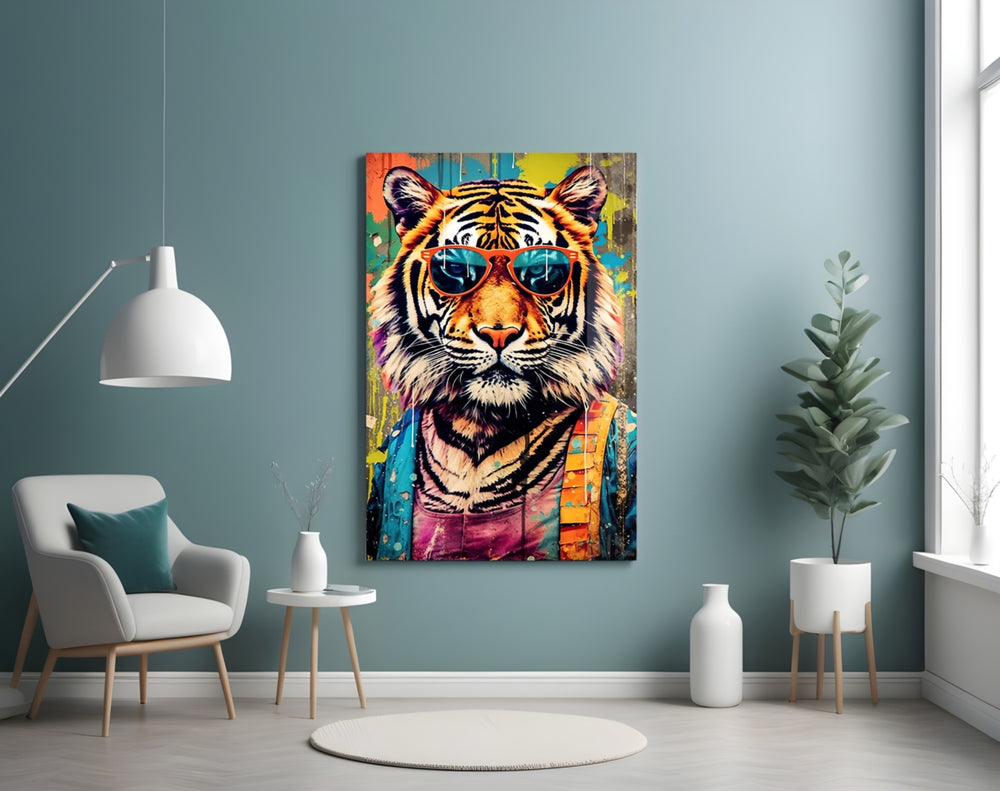 Cool Tiger glass wall art styled above a sideboard in a media room