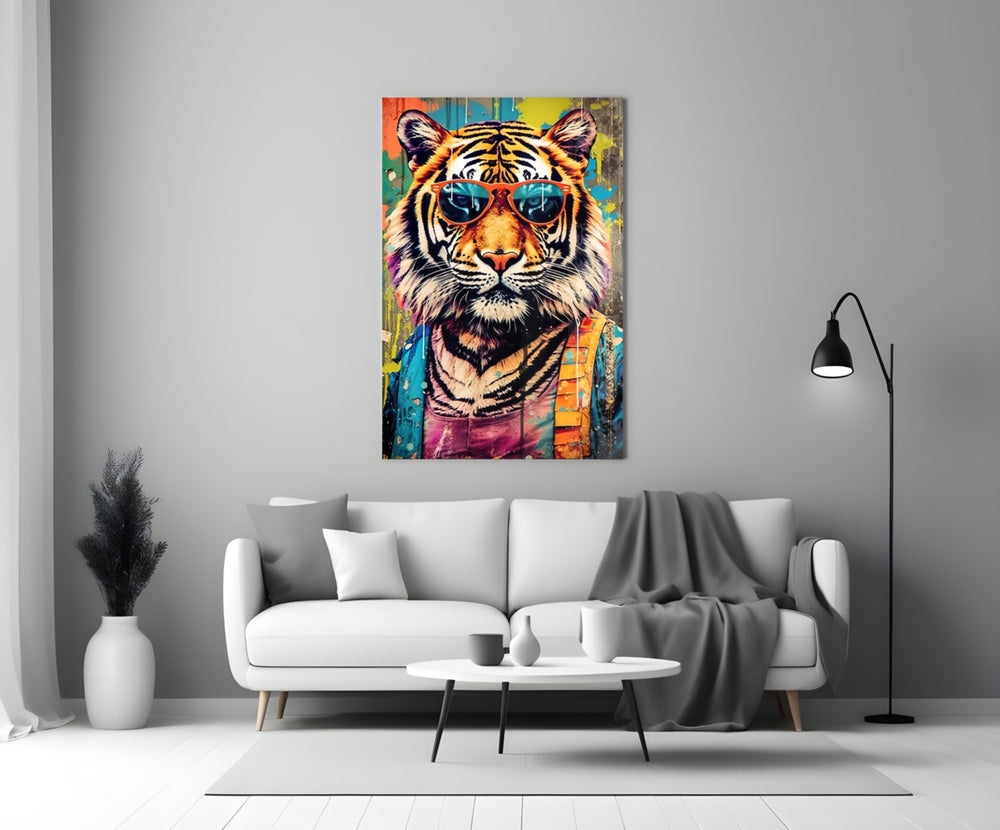 Cool Tiger close-up showing red sunglasses and streetwear vest