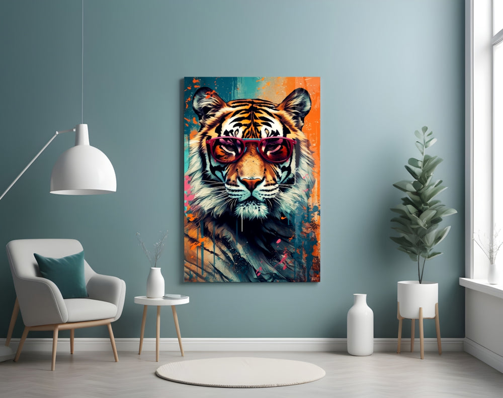 Cool Tiger glass wall art styled above a sideboard in a media room