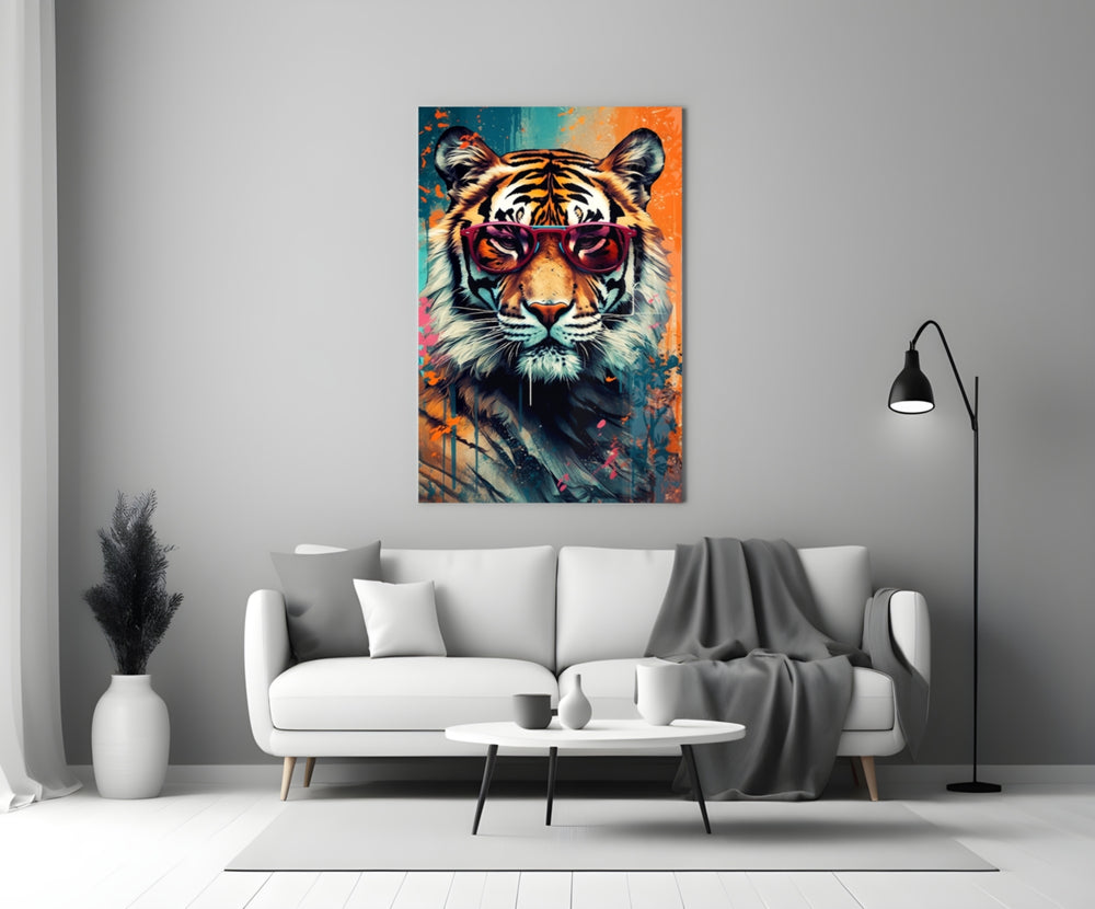 Cool Tiger close-up showing magenta sunglasses and crimson lenses