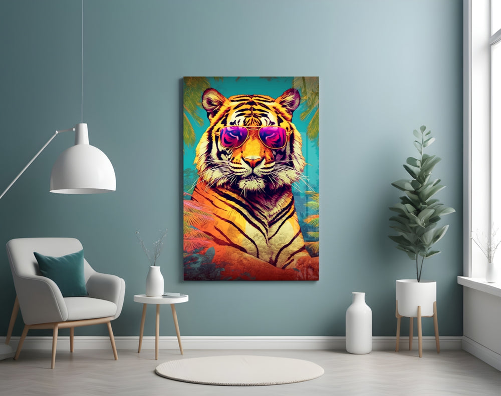 Cool Tiger glass wall art styled above a sideboard in a creative office