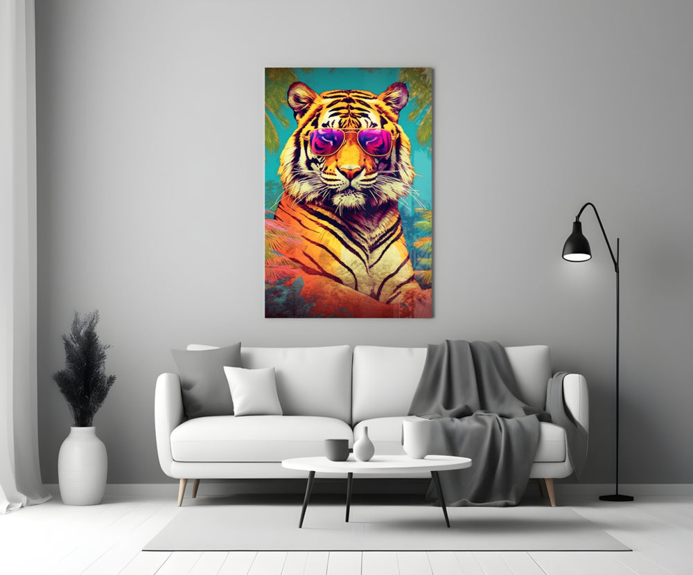 Cool Tiger close-up showing pink aviators and palm fronds