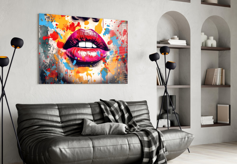 Red Lip glass wall art styled above a console in a boutique