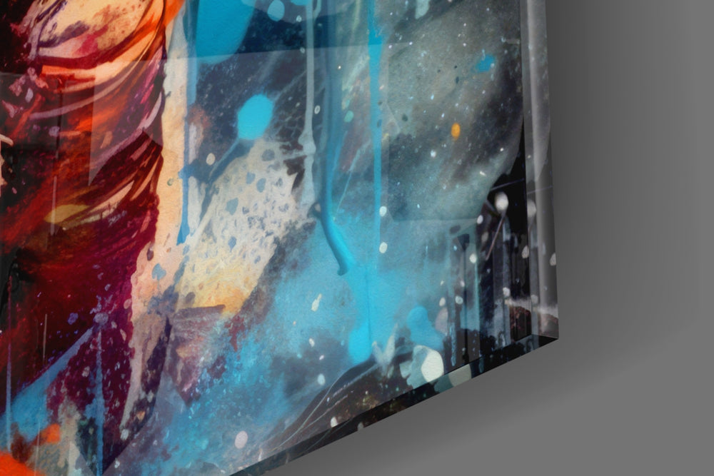 Sci-fi-explorer artwork anchoring a wall with magenta-and-tangerine palette