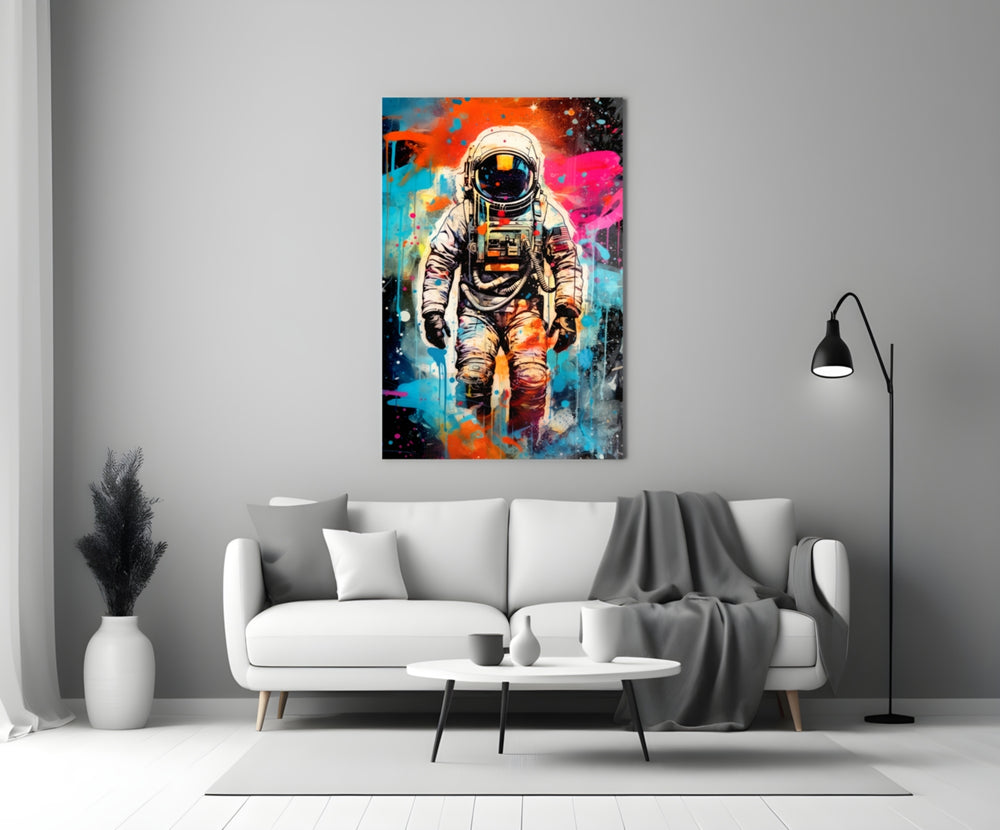 Astronaut close-up showing gold-mirrored visor and magenta cosmos