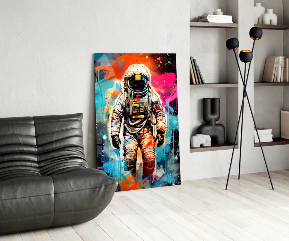 Astronaut panel adding editorial drama to a hallway