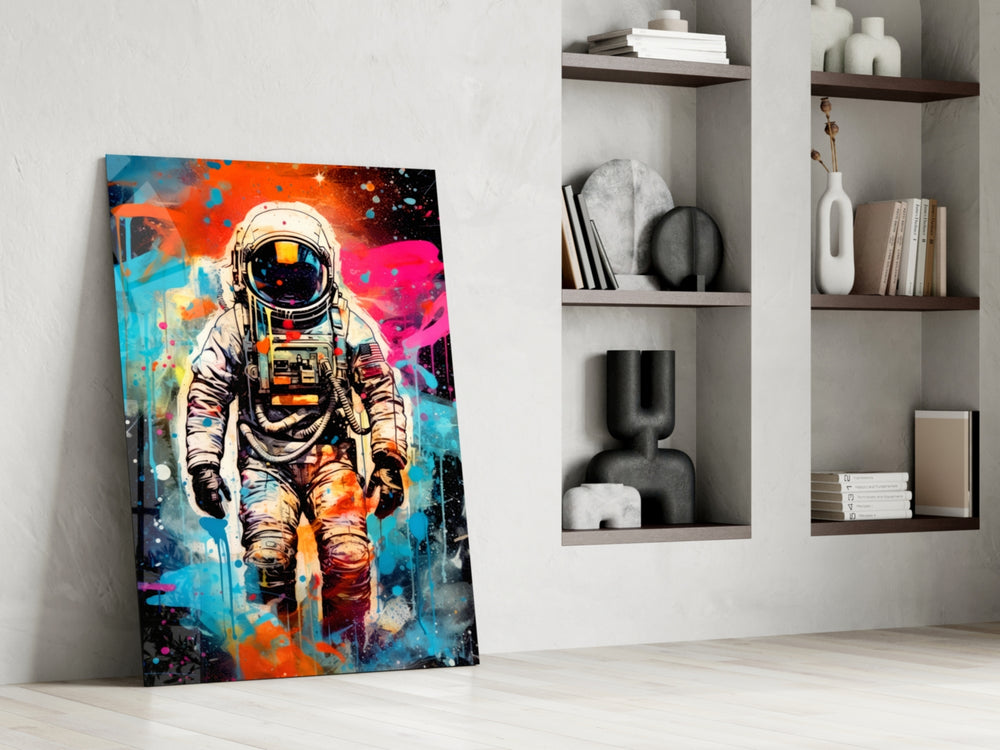 Astronaut glass print enhancing a media room with statement adventure