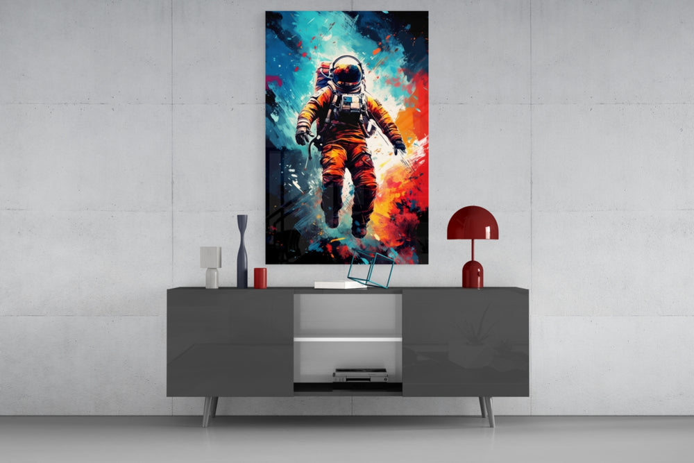 Astronaut panel catching lamp light to reveal its painterly depth
