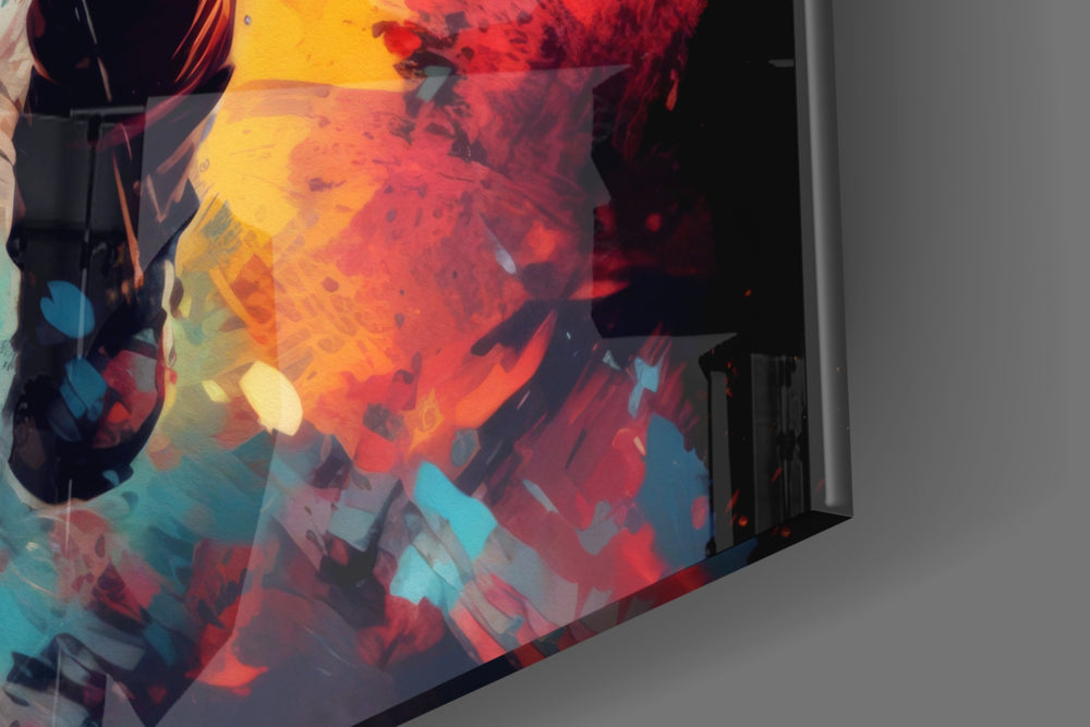 Sci-fi-explorer artwork anchoring a wall with sapphire-and-saffron palette