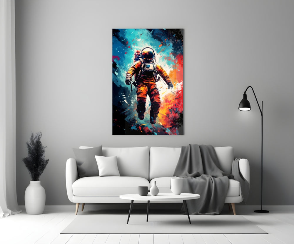 Astronaut close-up showing orange spacesuit and oil-paint cosmos