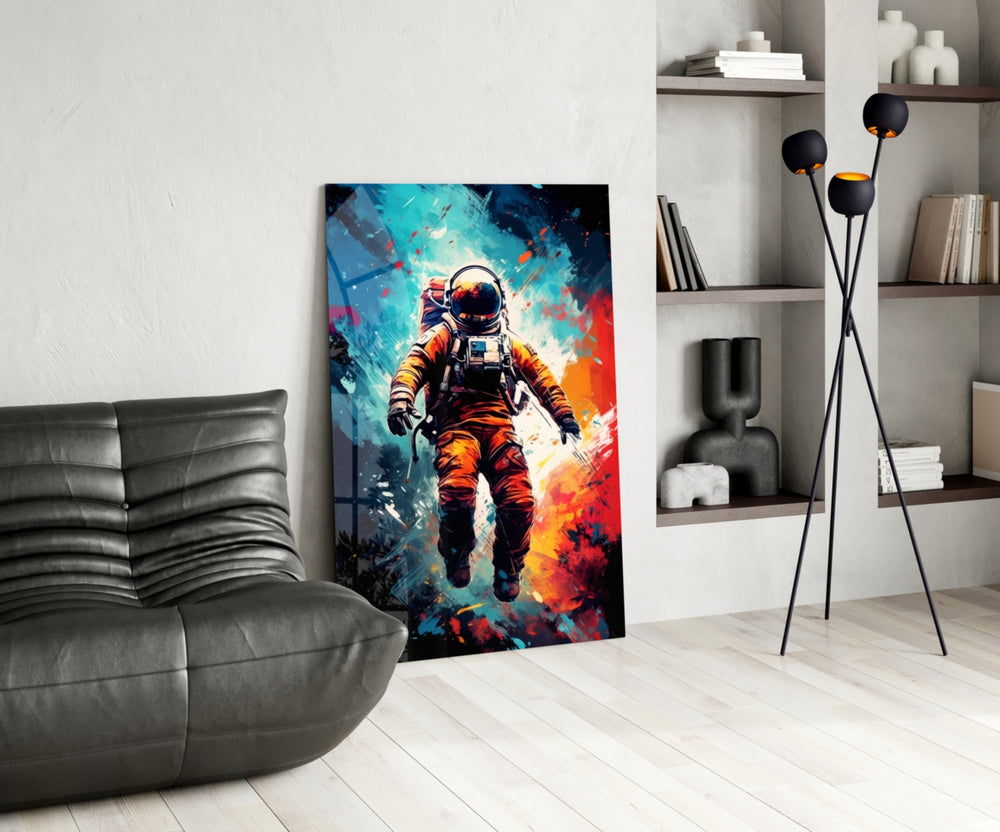 Astronaut panel adding editorial drama to a hallway