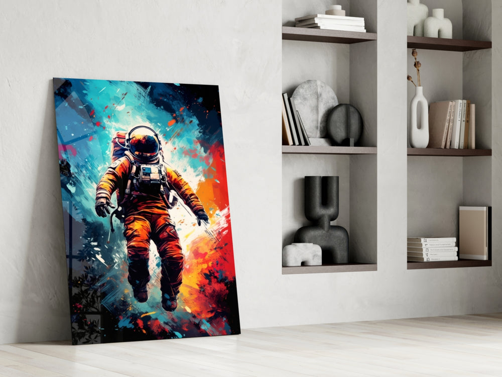 Astronaut glass print enhancing a media room with statement adventure