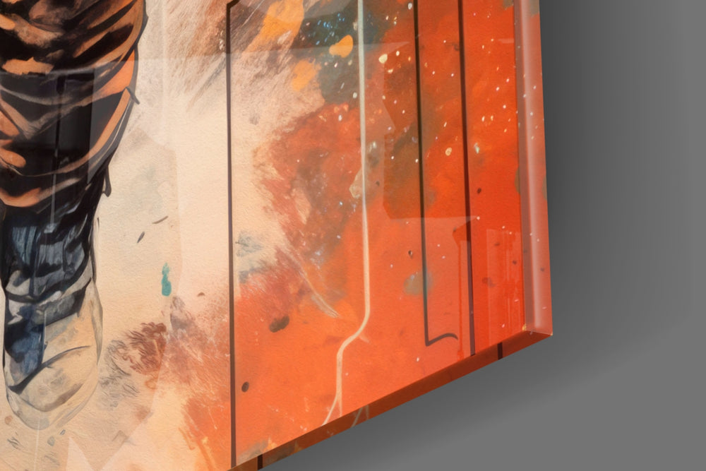 Sci-fi-explorer artwork anchoring a wall with turquoise-and-tangerine palette