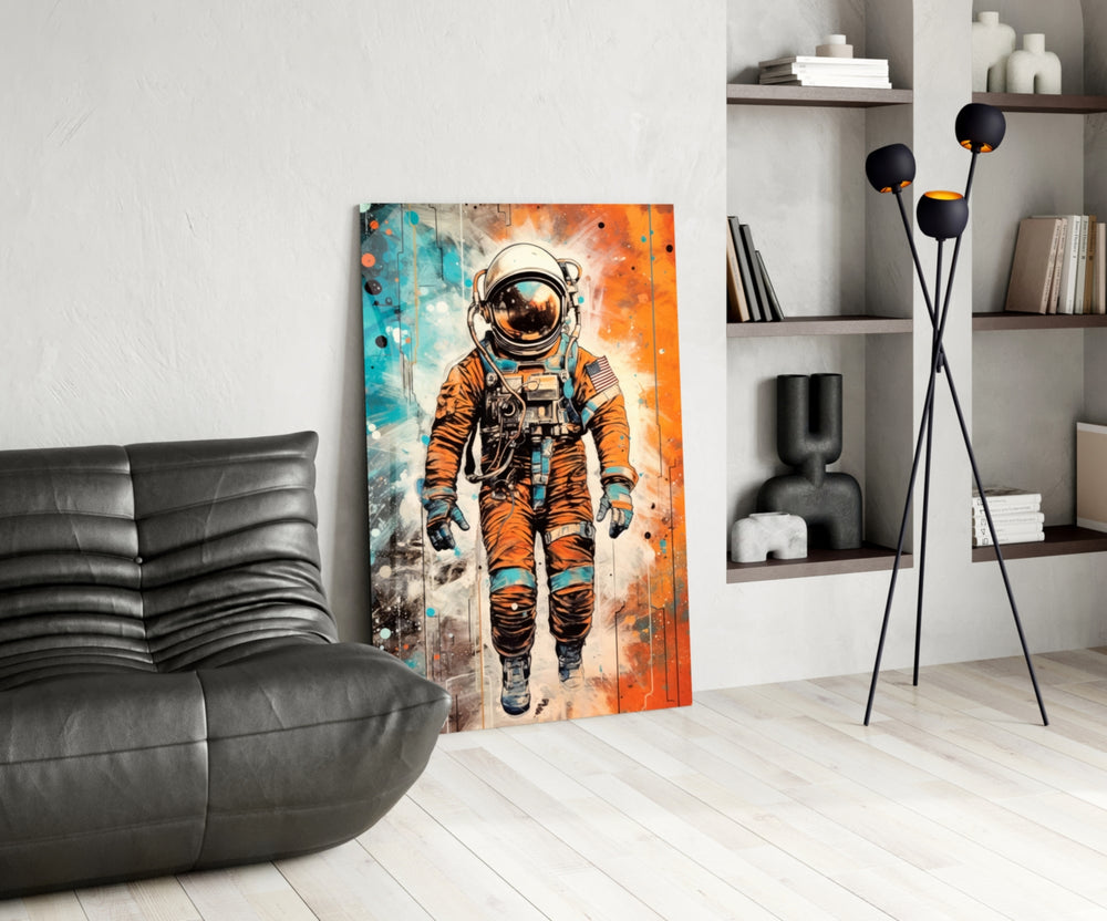 Astronaut panel adding editorial drama to a hallway