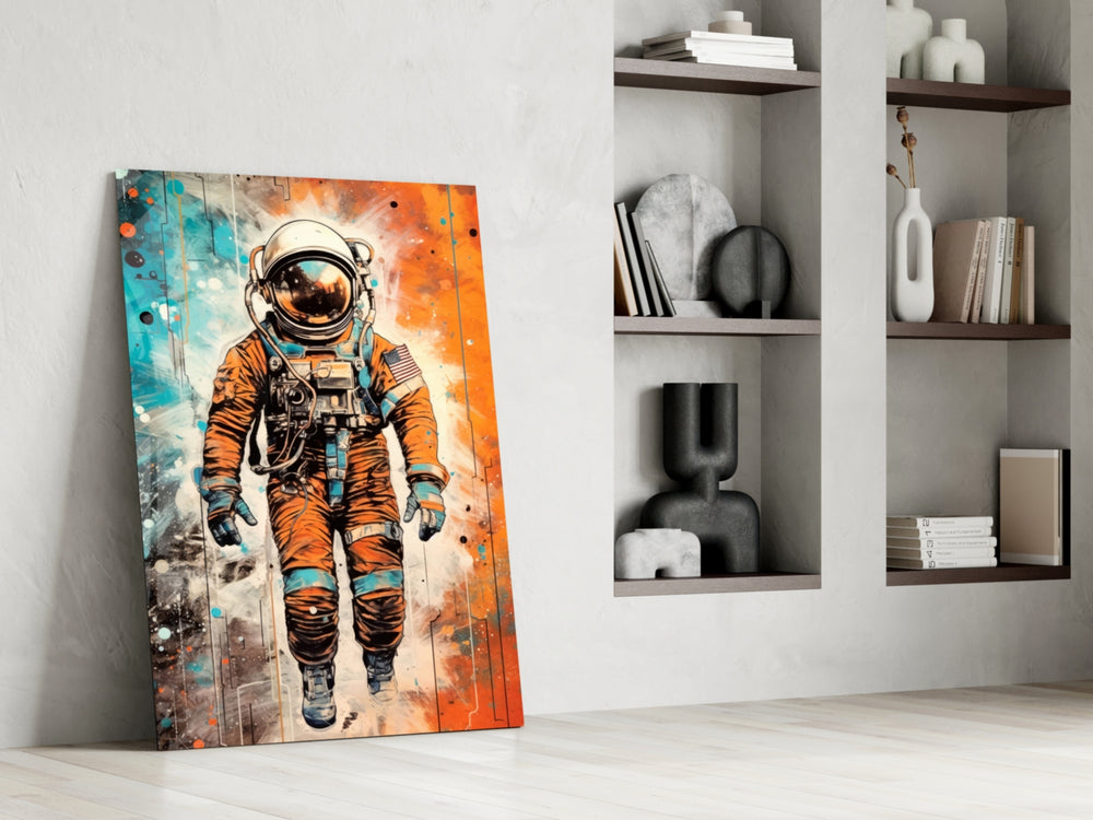 Astronaut glass print enhancing a media room with statement adventure