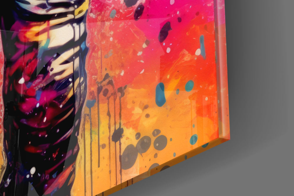 Sci-fi-explorer artwork anchoring a wall with spectrum-splatter palette