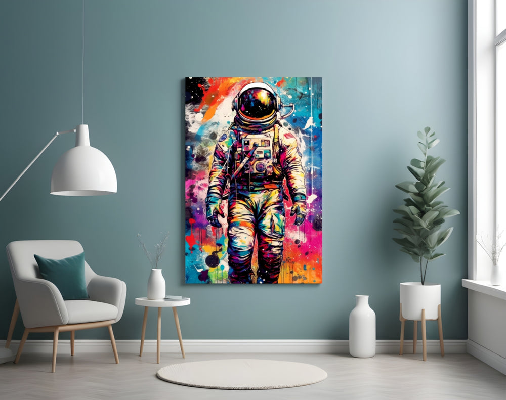 Astronaut glass wall art styled above a sideboard in a creative office