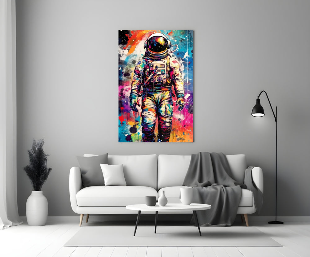 Astronaut close-up showing US flag patch and spectrum splatter