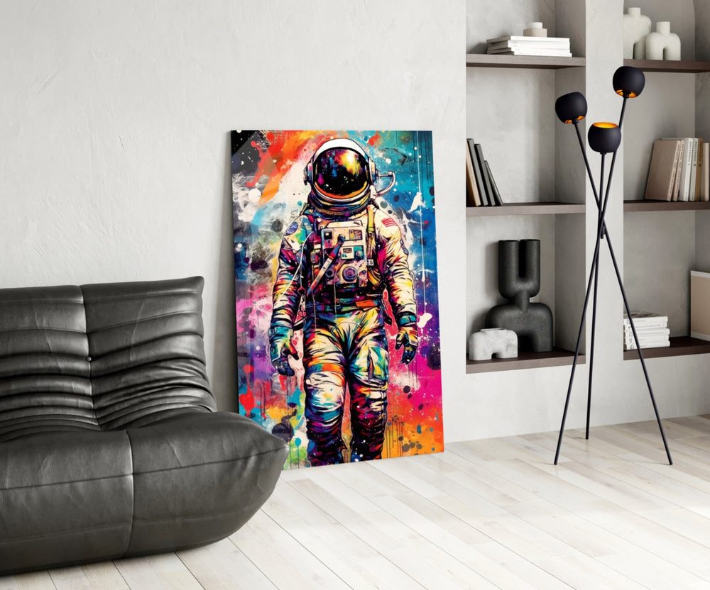 Astronaut panel adding editorial drama to a hallway