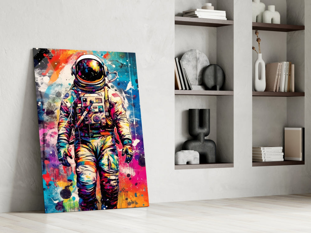 Astronaut glass print enhancing a media room with statement adventure