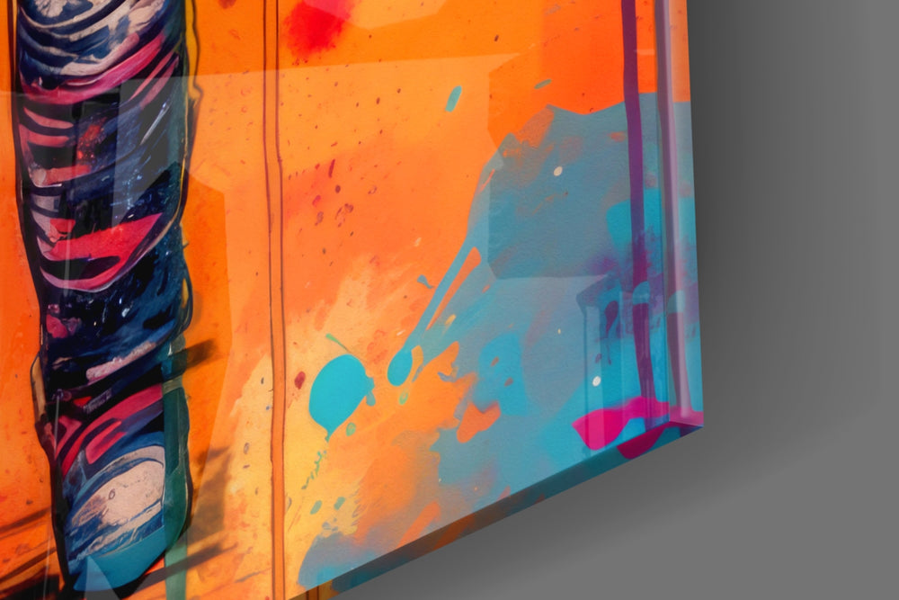 Sci-fi-explorer artwork anchoring a wall with crimson-and-cyan palette