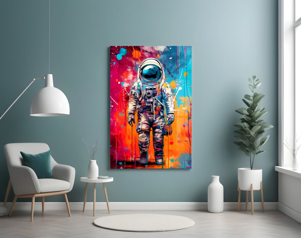 Astronaut glass wall art styled above a sideboard in a creative office