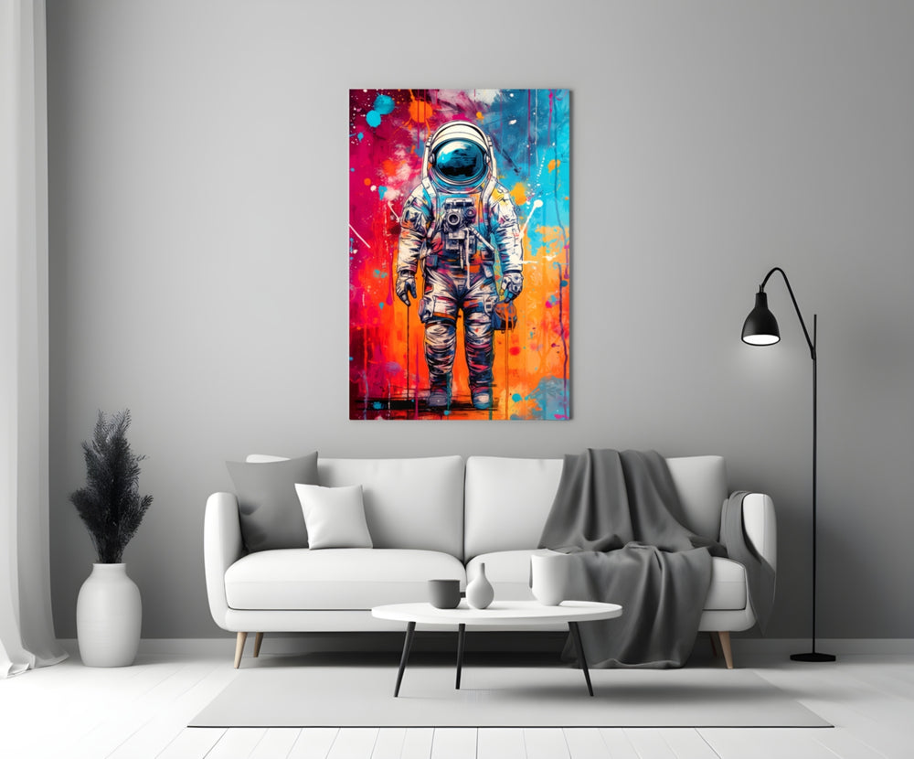 Astronaut close-up showing white suit and crimson-cyan split wall