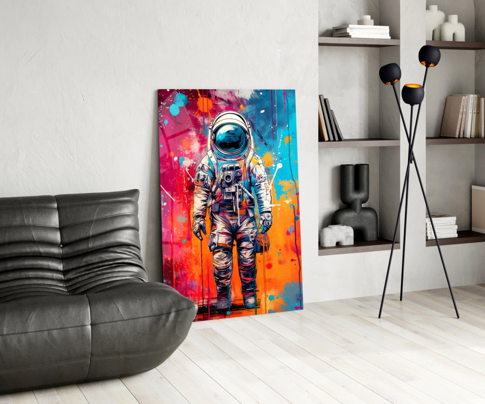 Astronaut panel adding editorial drama to a hallway