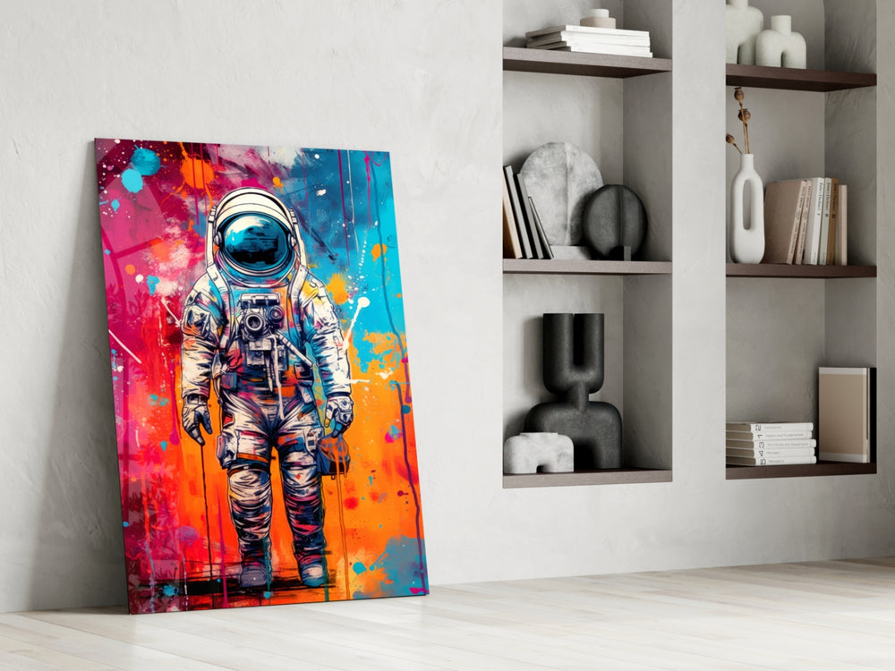Astronaut glass print enhancing a media room with statement adventure