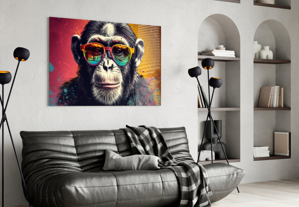 Cool Monkey glass wall art styled above a sideboard in a media room