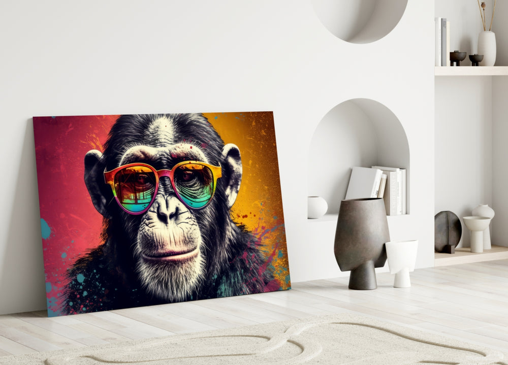 Cool Monkey close-up showing rainbow wayfarers and crimson-saffron split