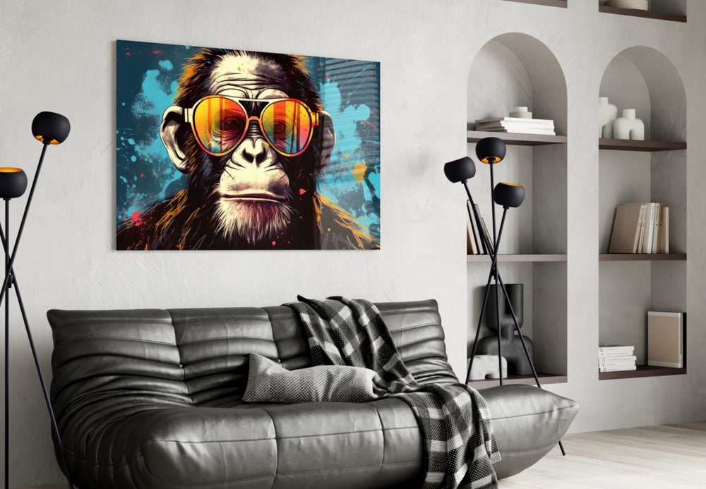 Cool Monkey glass wall art styled above a sideboard in a media room