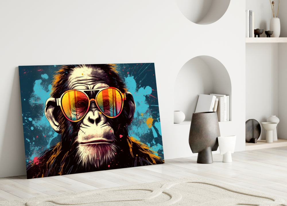 Cool Monkey close-up showing rainbow aviators and teal splatter
