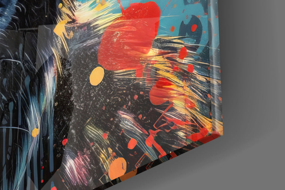 Animal-portrait artwork anchoring a wall with turquoise-and-confetti palette