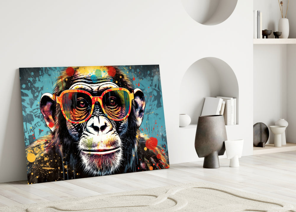 Cool Monkey close-up showing striped wayfarers and confetti drips