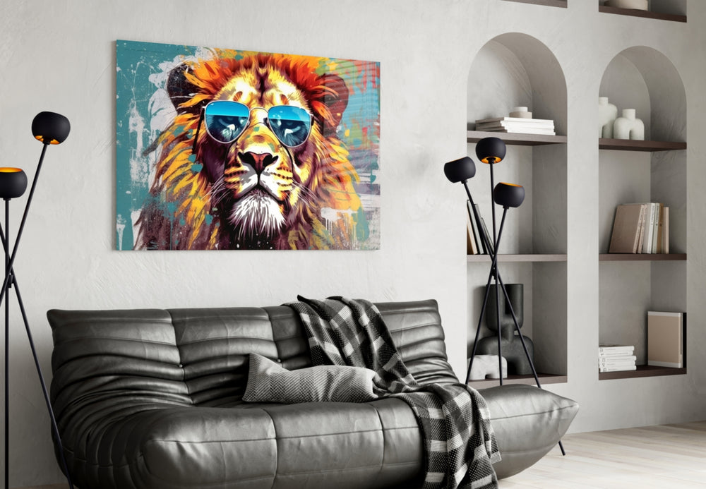 Cool Lion glass wall art styled above a sideboard in a media room