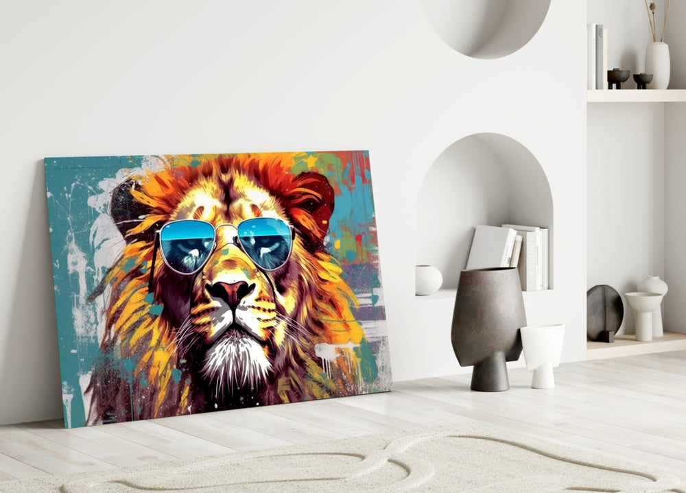 Cool Lion close-up showing cyan-mirror aviators and golden mane