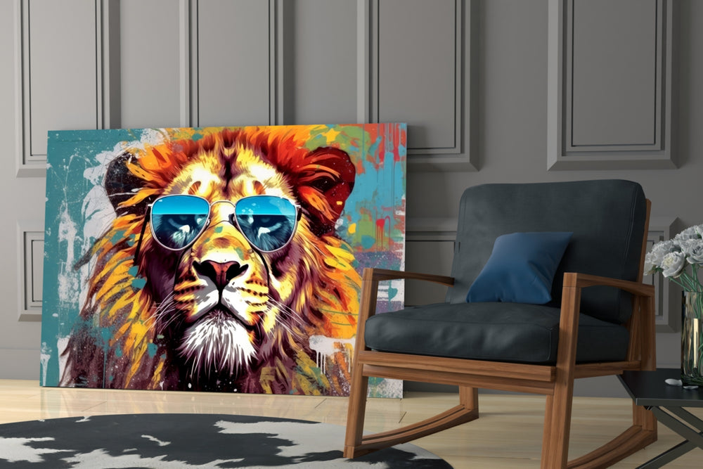 Cool Lion glass print enhancing a den with statement playfulness